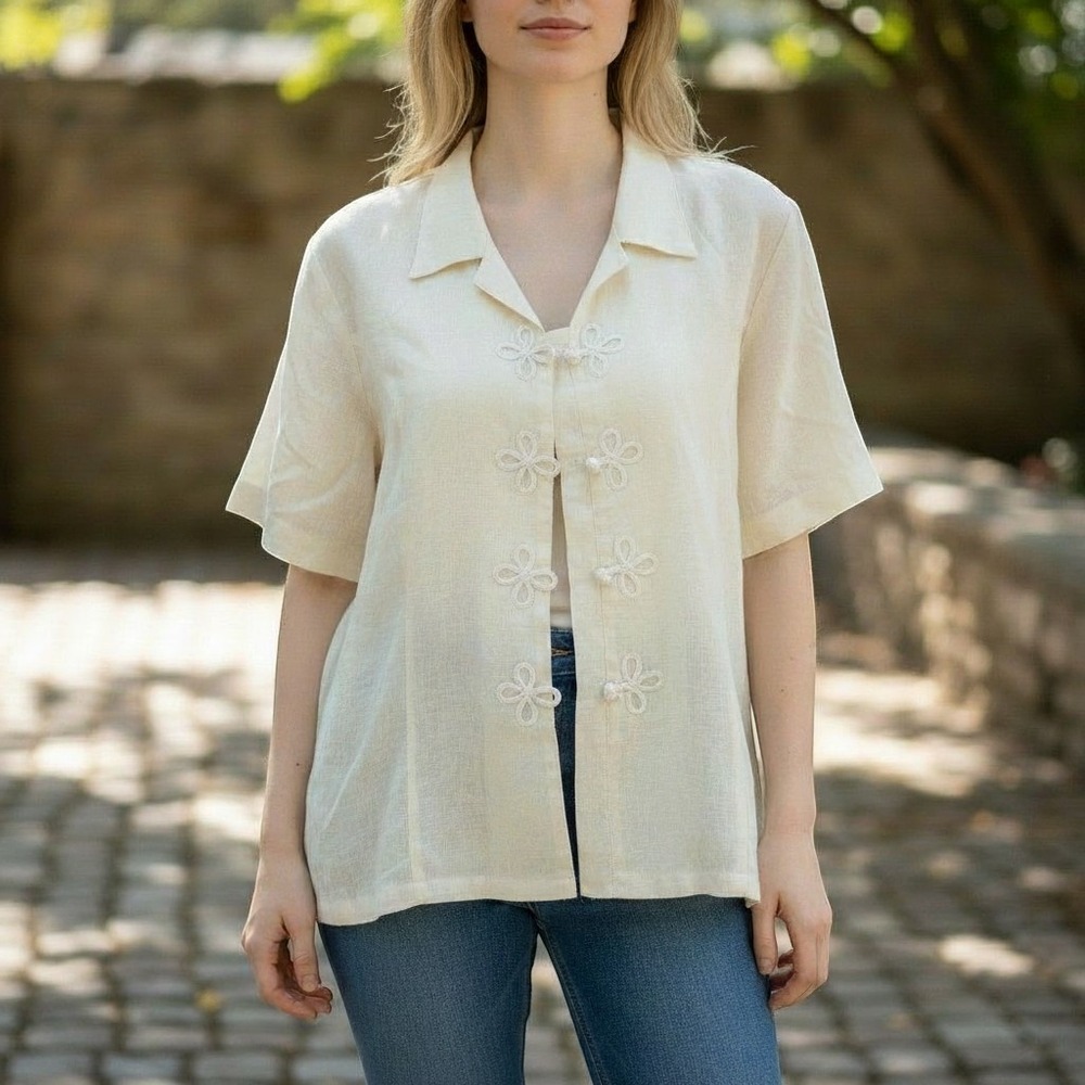 Peter Martin Linen Shirt Women 12 Cream Frog Knot Button Vintage Short Sleeve
